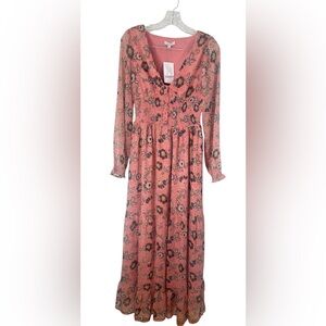 Patrons of Peace Floral Long Sleeve Smocked Maxi Dress Sz Sm NWT Lined Pink